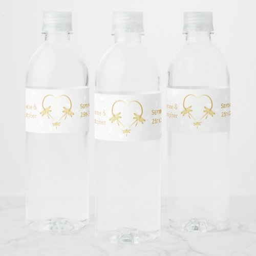 Gold Coloured Dragonfly Heart Design Wedding Water Bottle Label