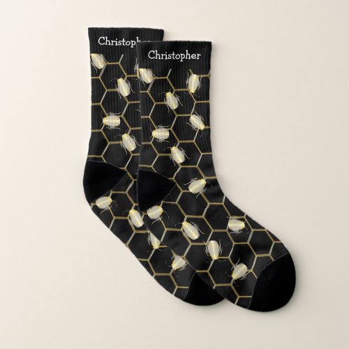 Gold Coloured Honey Bee Honeycomb Design Black  Socks