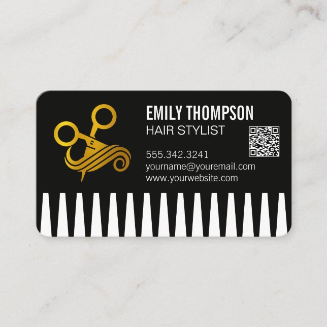 Gold Comb | Hair Stylist | QR Code Business Card (Front)