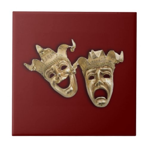 Gold Comedy and Tragedy Masks Ceramic Tile