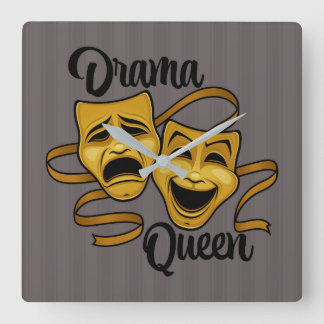 Gold Comedy And Tragedy Theater Masks Drama Queen Square Wall Clock