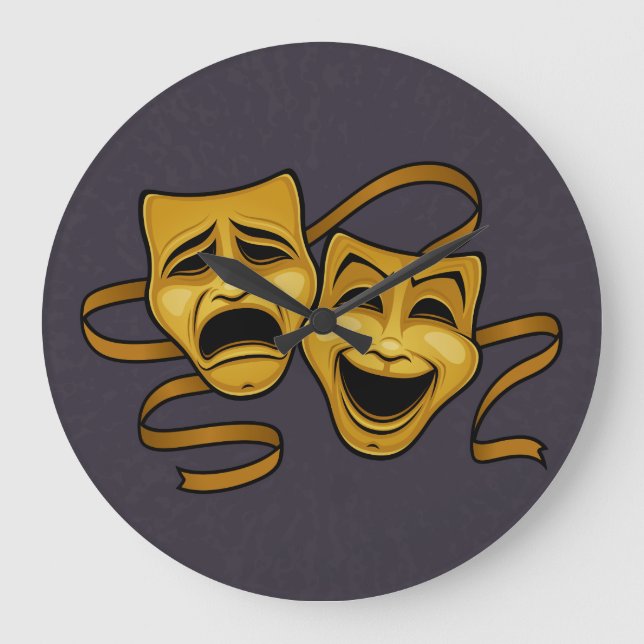 Gold Comedy And Tragedy Theater Masks Large Clock (Front)