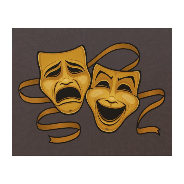 Gold Comedy And Tragedy Theater Masks Wood Wall Art (Front)