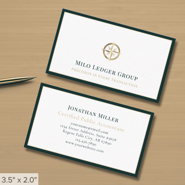 Gold Compass Logo Dark Green Border Business Card (Creator Uploaded)