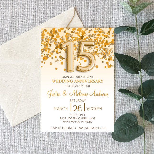 Gold Confetti 15th Wedding Anniversary Invitation (Creator Uploaded)