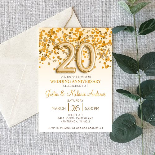 Gold Confetti 20th Wedding Anniversary Invitation