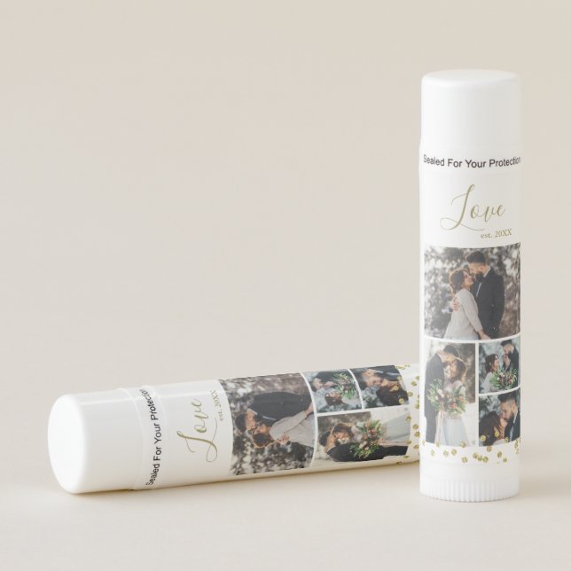 Gold Confetti 4-Photo Collage Personalized Lip Balm (Front)