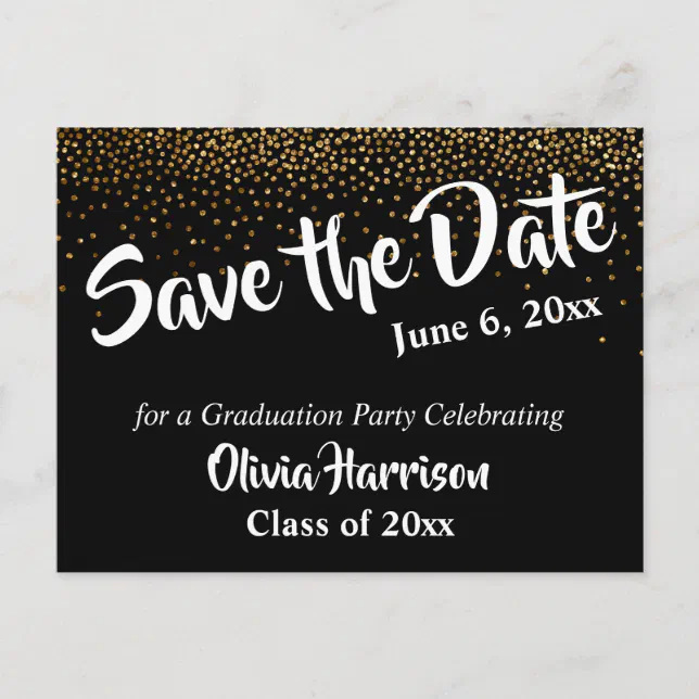 Gold Confetti and Black Graduation Save the Date Postcard | Zazzle