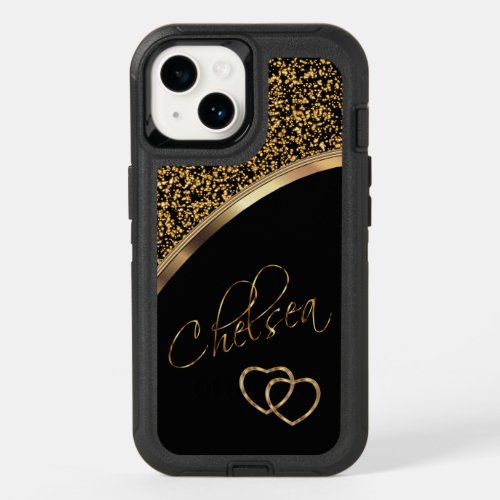 Gold Confetti and Black with Script Name OtterBox iPhone 14 Case