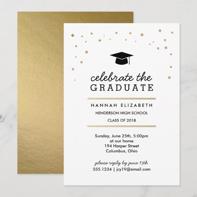 Gold Confetti and Cap Modern Graduation Invitation (Front/Back)