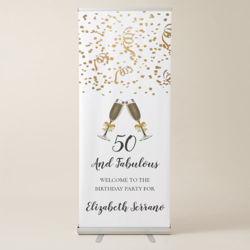 Gold Confetti And Champagne White 50th Birthday Retractable Banner