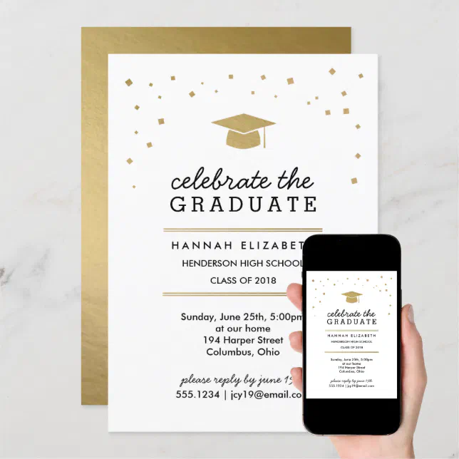 Gold Confetti and Gold Cap Modern Graduation Invitation | Zazzle