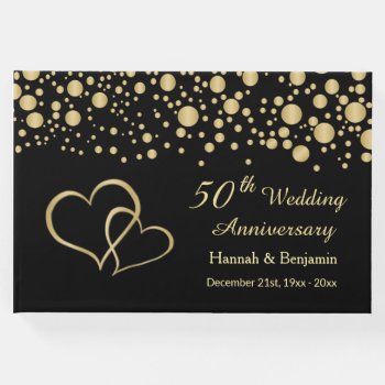 Gold Confetti And Hearts On Black 50th Anniversary Guest Book by IrinaFraser at Zazzle