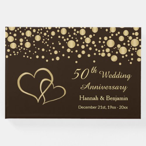 Gold confetti and hearts on brown 50th Anniversary Guest Book