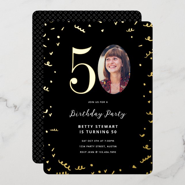 Gold Confetti and Photo 50th Birthday Party Foil Invitation (Front/Back)