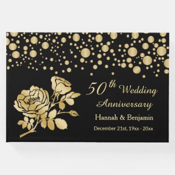 Gold Confetti And Roses On Black 50th Anniversary Guest Book by IrinaFraser at Zazzle