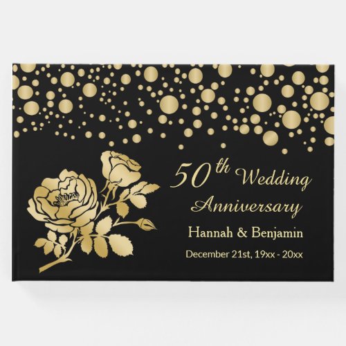 Gold confetti and roses on black 50th Anniversary Guest Book