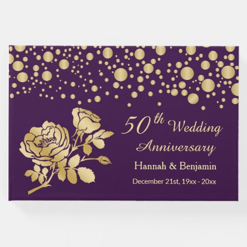 Gold confetti and roses on purple 50th Anniversary Guest Book