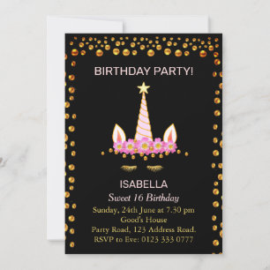 Gold Confetti and Unicorn o Sweet 16 Birthday  Invitation