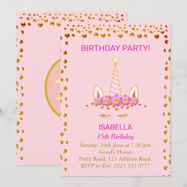 Gold Confetti and Unicorn on Pink 15th Birthday Invitation (Front/Back)