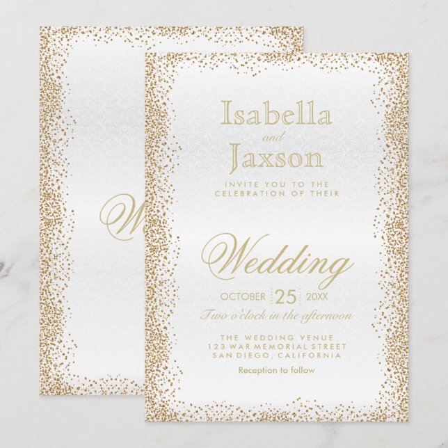 Gold Confetti and White Invitation (Front/Back)