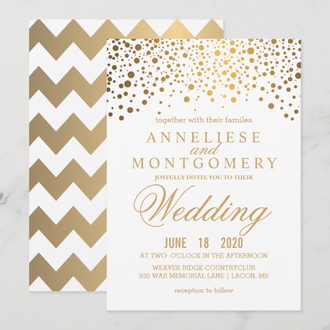 Gold Confetti and White Wedding Invitation (Front/Back)