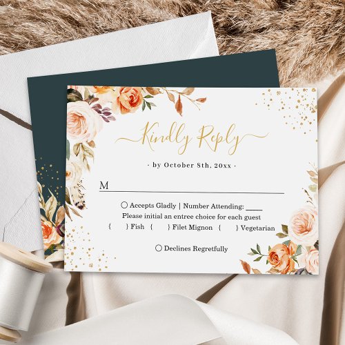 Gold Confetti Autumn Floral Leaves Wedding RSVP Card
