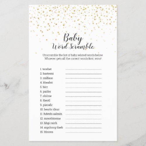 Gold Confetti Baby Shower Baby Word Scramble Game Flyer