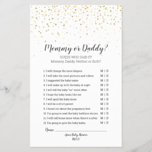 Gold Confetti Baby Shower Mommy or Daddy Game Flyer