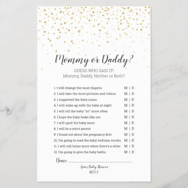 Gold Confetti Baby Shower Mommy or Daddy Game Flyer (Front)