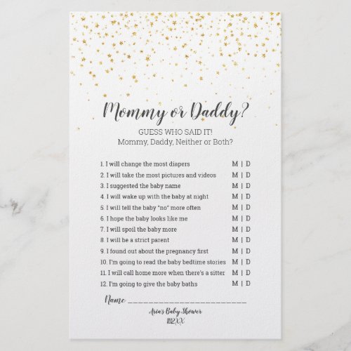Gold Confetti Baby Shower Mommy or Daddy Game Flyer