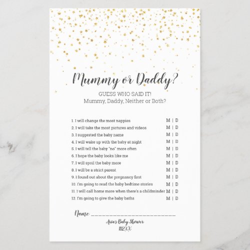 Gold Confetti Baby Shower Mummy or Daddy Game Flyer