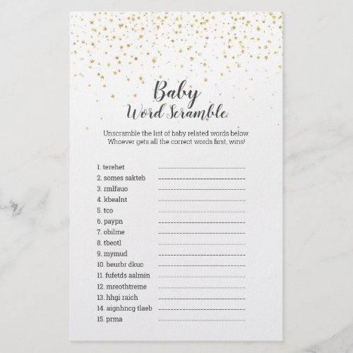 Gold Confetti Baby Shower UK Baby Word Scramble Flyer