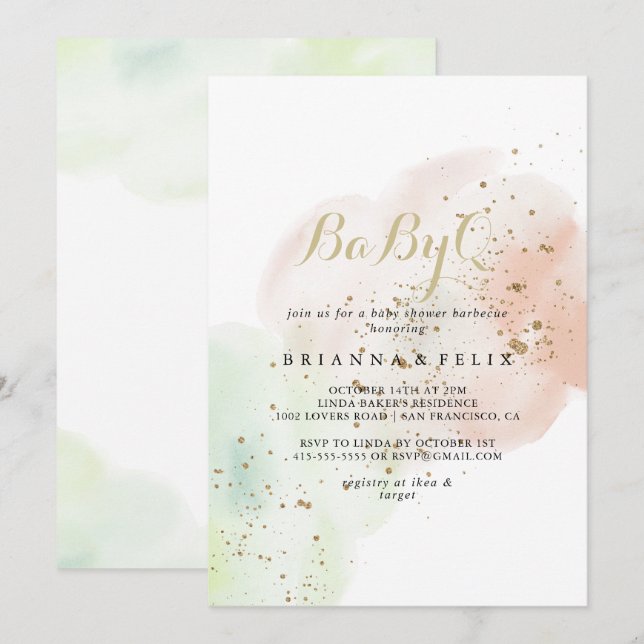 Gold Confetti BabyQ Baby Shower Barbecue Invitation (Front/Back)