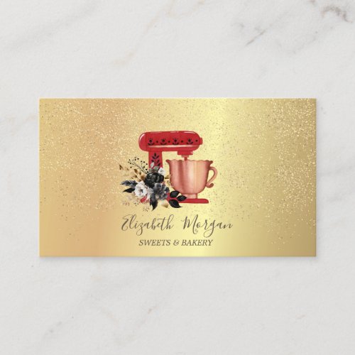 Gold Confetti Bakery Floral Red Mixer Business Card