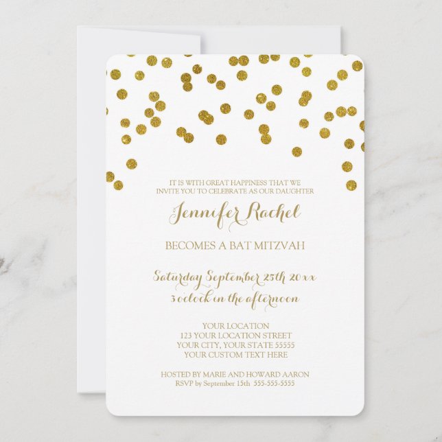 Gold Confetti Bat Mitzvah Invitations (Back)