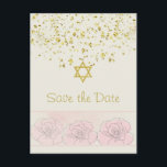 Gold confetti Bat Mitzvah Save the Date Postcard<br><div class="desc">Golden effect confetti,  Star of David and pink roses Bat Mitzvah Save the Date Postcard</div>