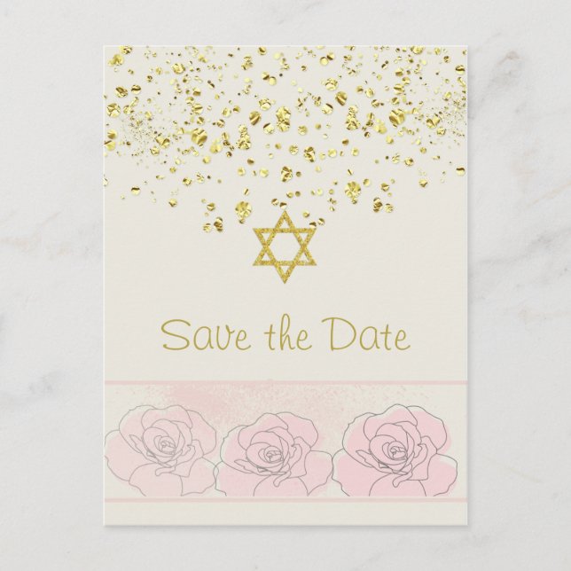 Gold confetti Bat Mitzvah Save the Date Postcard (Front)