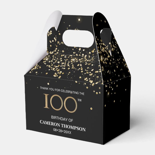 Gold Confetti Black 100th birthday Favor Box (Front Side)