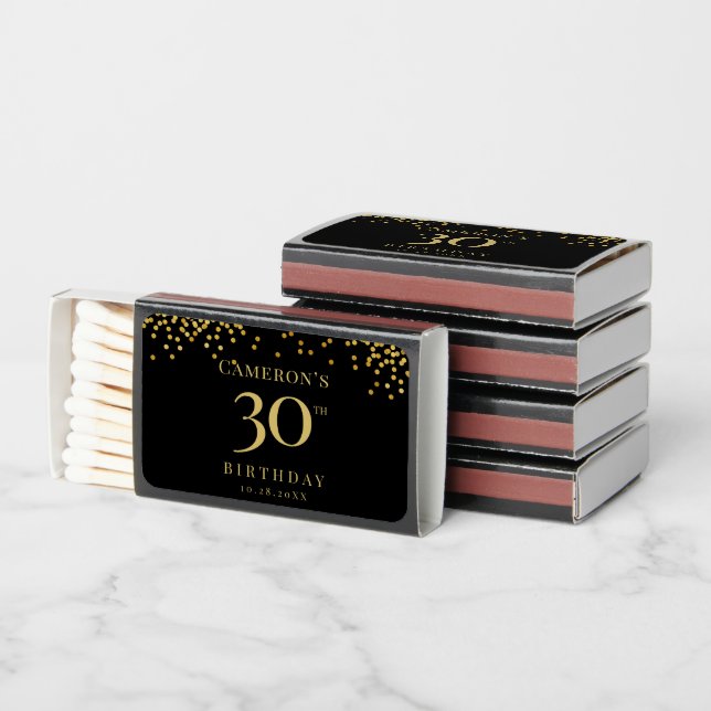 Gold Confetti black 30th birthday custom Matchboxes (Stacked)