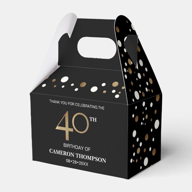 Gold Confetti Black 40th birthday Favor Box (Front Side)