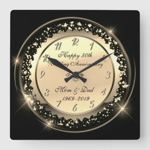 Gold Confetti,Black 50th Wedding Anniversary Square Wall Clock