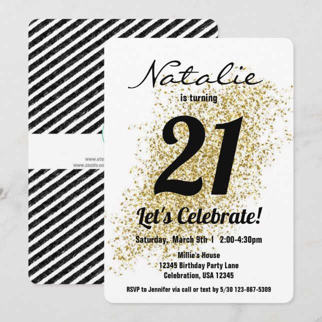 Gold Confetti Black and White Girl Birthday Invitation (Front/Back)