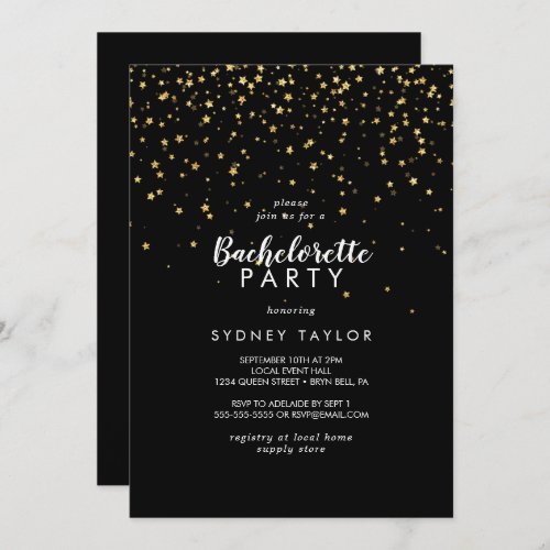 Gold Confetti  Black Bachelorette Party Invitation