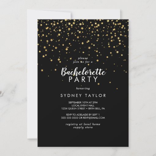 Gold Confetti | Black Bachelorette Party Invitation | Zazzle