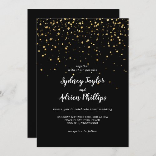Gold Confetti  Black Casual Wedding Invitation