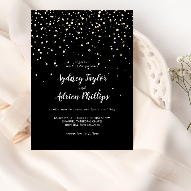 Gold Confetti|Black Casual Wedding Real Gold Foil Invitation (Creator Uploaded)