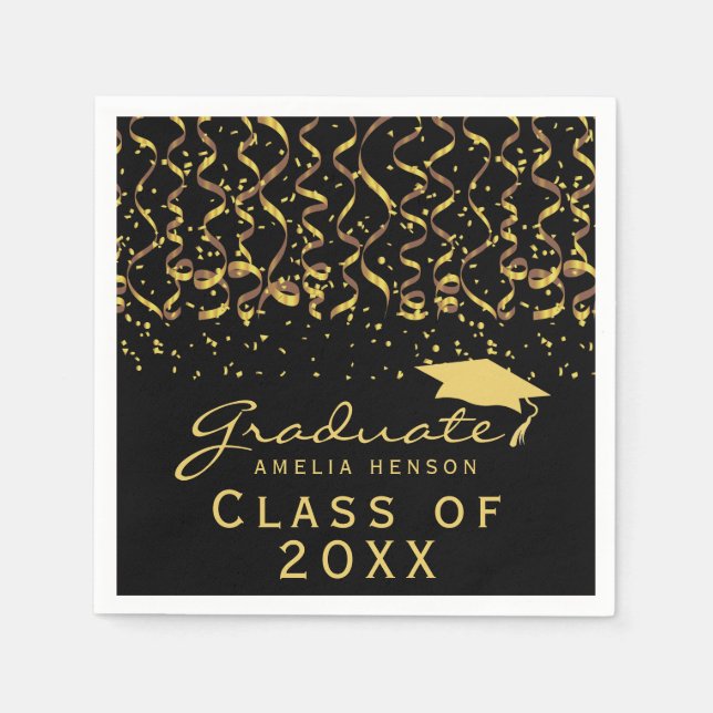 Gold Confetti Black Class of 2022 Graduation Napkins (Front)