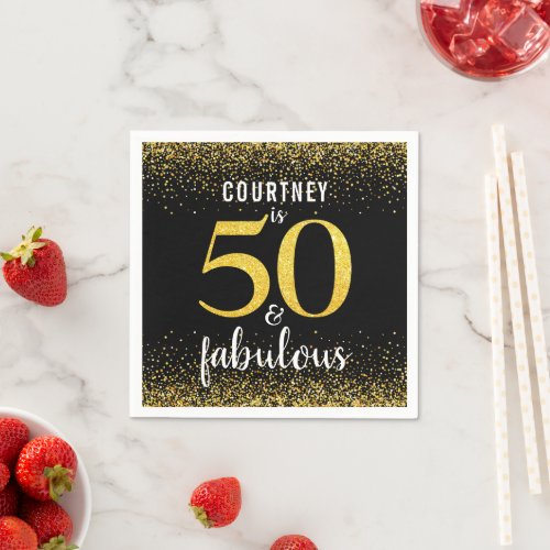 Gold confetti black custom name 50 and fabulous napkins