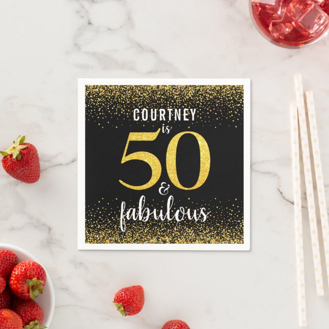 Gold confetti black custom name 50 and fabulous napkins (Insitu)